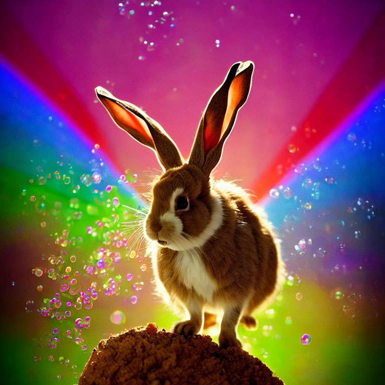 Rabbit on Mound with Vibrant Background and Light Rays