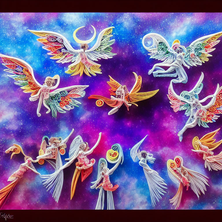 Colorful ethereal angels with intricate wings and halos in celestial setting