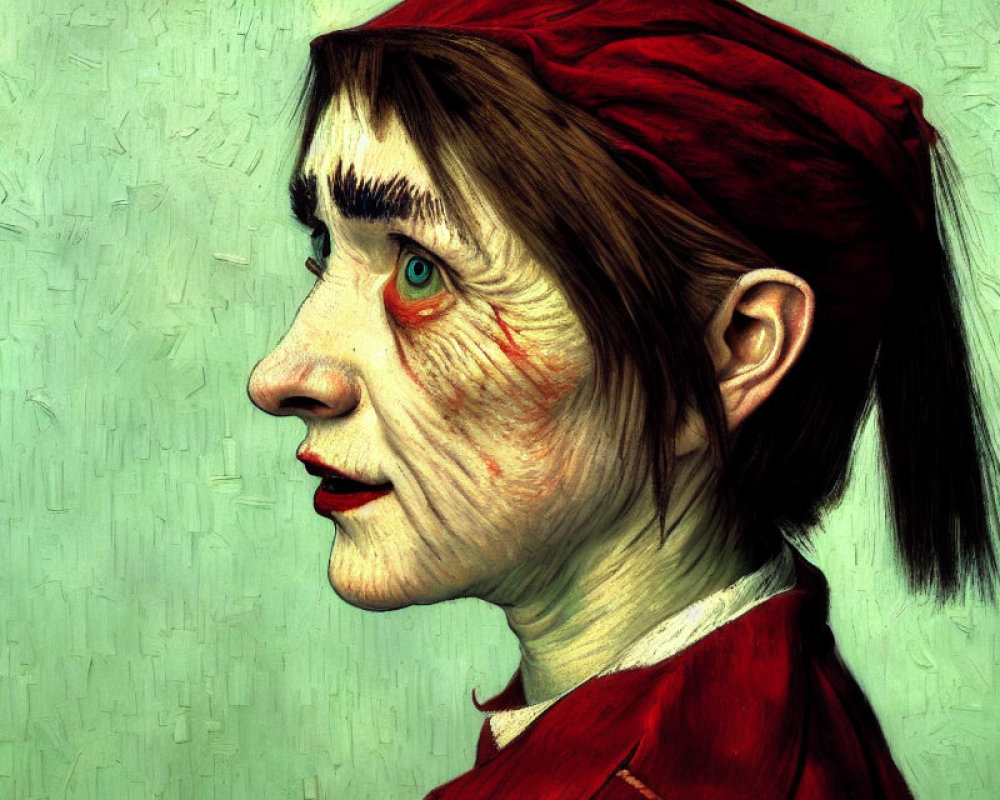 Stylized portrait of a person with green skin and red makeup on one eye