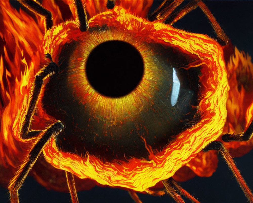 Computer-generated spider with lava-like body and abyss eye