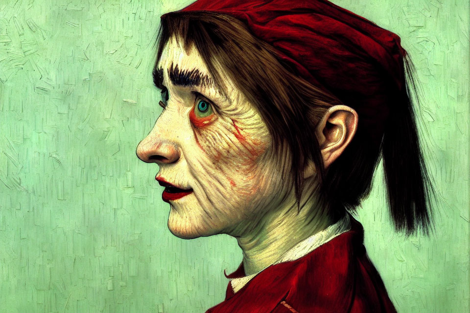 Stylized portrait of a person with green skin and red makeup on one eye