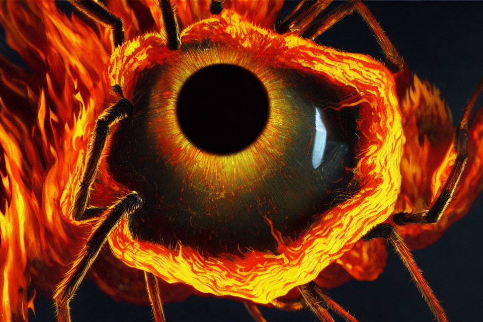 Computer-generated spider with lava-like body and abyss eye