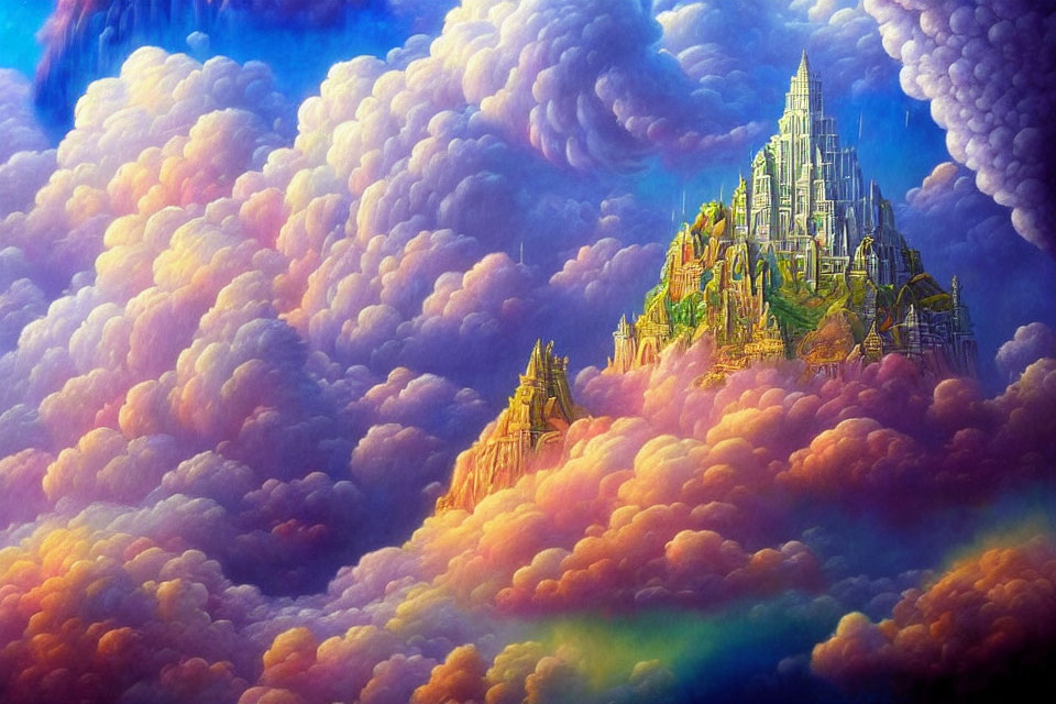 Vibrant, colorful clouds over majestic castle in dynamic sky