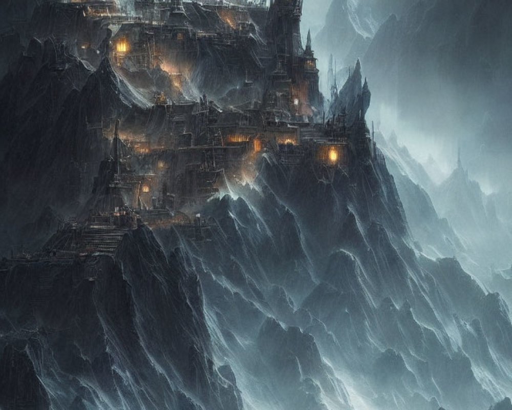 Majestic fantasy castle on craggy peaks with illuminated towers