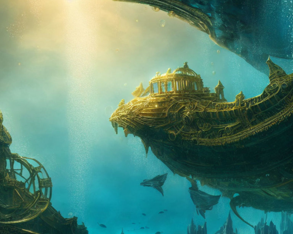 Golden ship-like structure underwater with ruins, light beams, and fish.