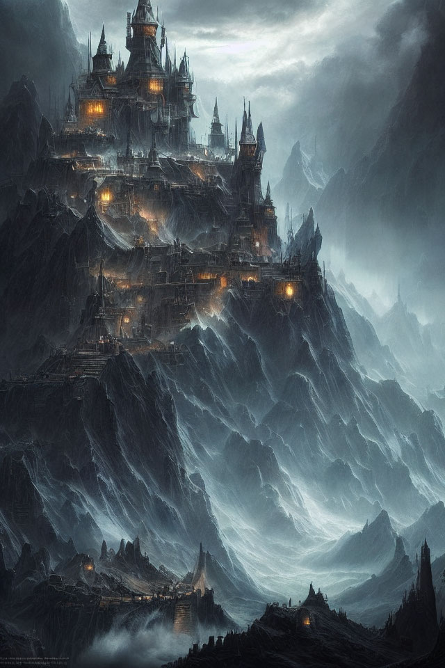 Majestic fantasy castle on craggy peaks with illuminated towers