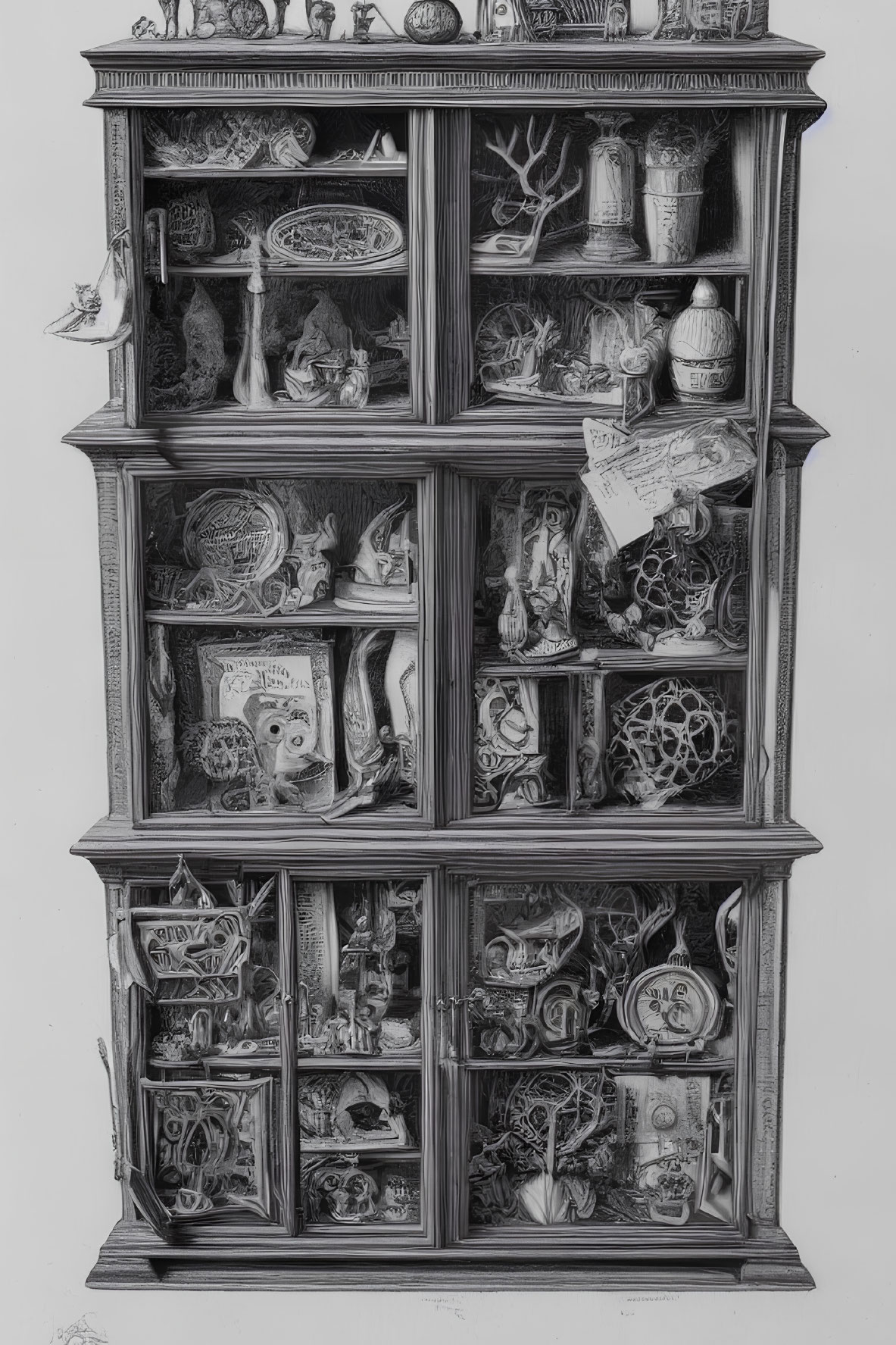 Detailed black and white drawing of elaborate bookcase with books, sculptures, vases, and ornaments