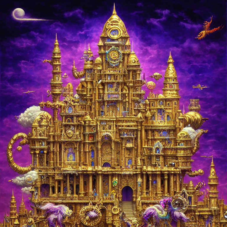 Golden Castle with Flying Creatures and Tentacles in Purple Starry Sky