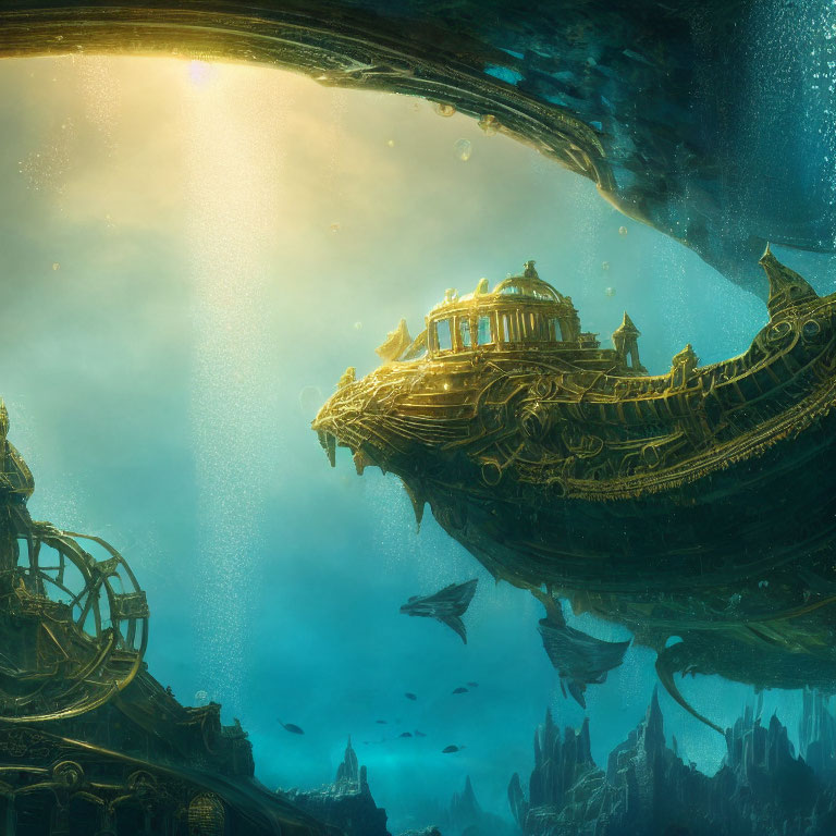 Golden ship-like structure underwater with ruins, light beams, and fish.