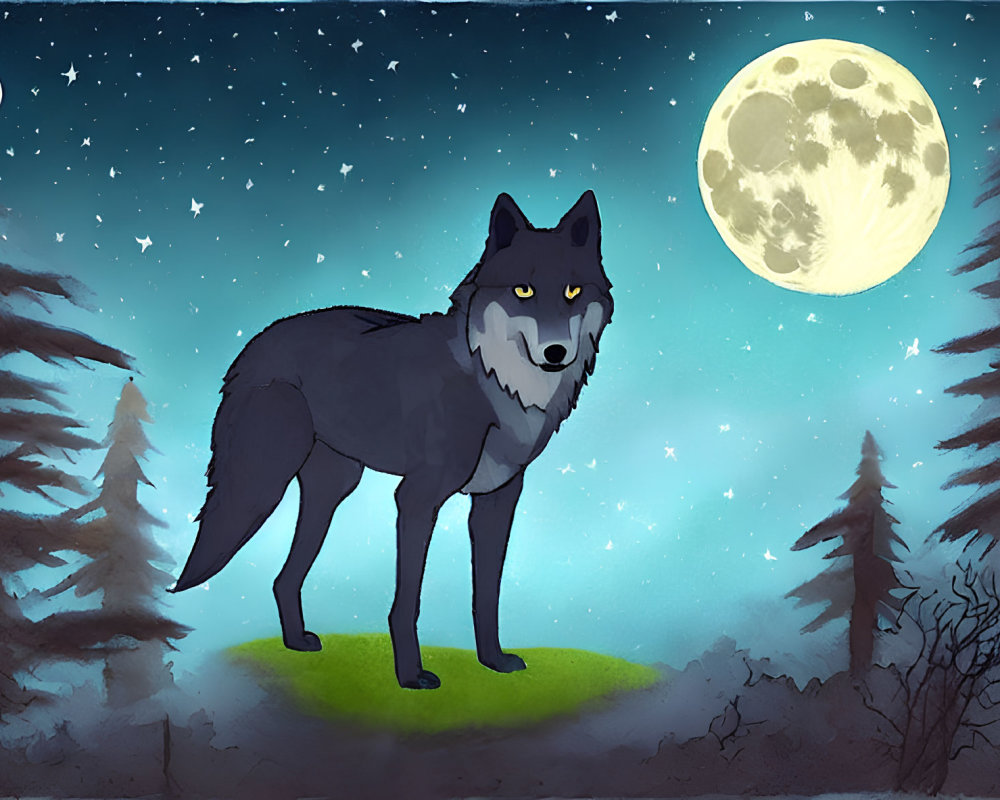 Dark wolf in forest clearing under starry night sky with full moon