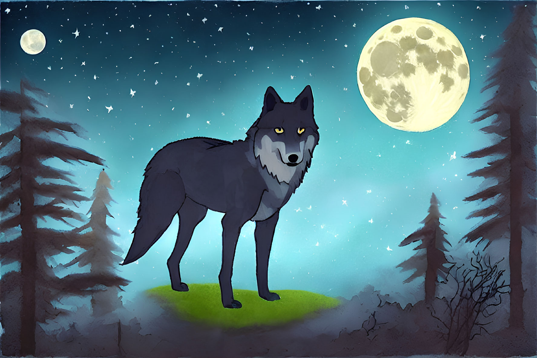 Dark wolf in forest clearing under starry night sky with full moon