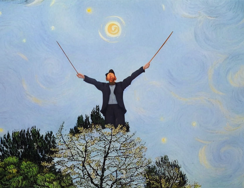 Person holding sticks against Van Gogh's "Starry Night" backdrop