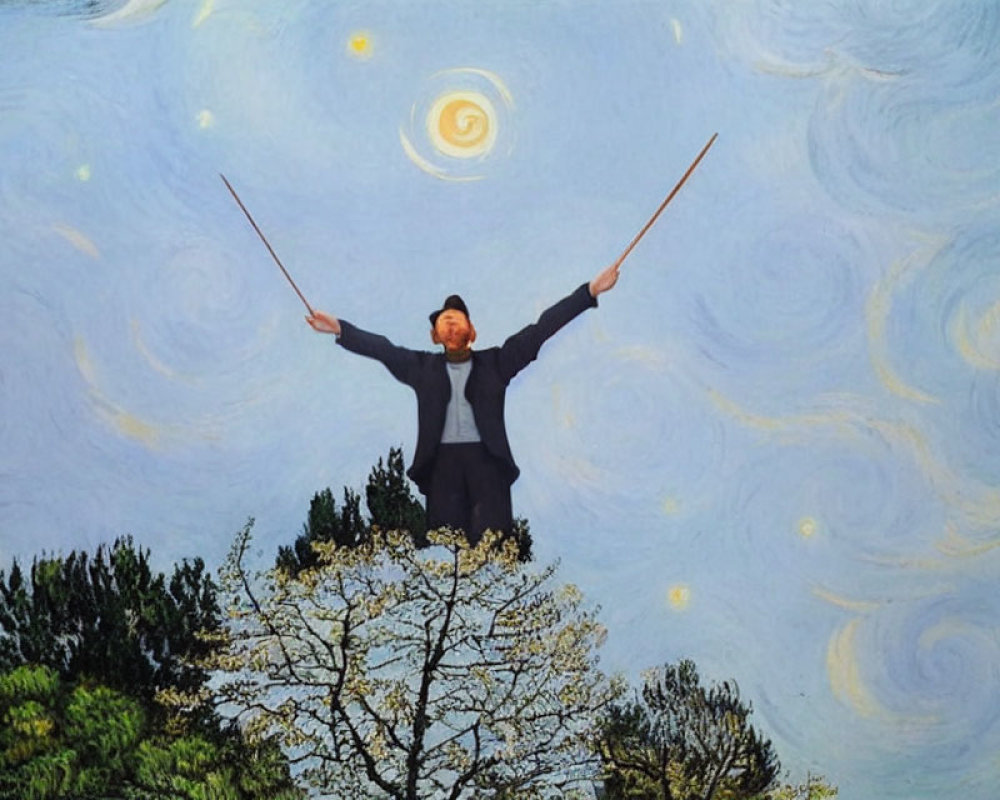 Person holding sticks against Van Gogh's "Starry Night" backdrop