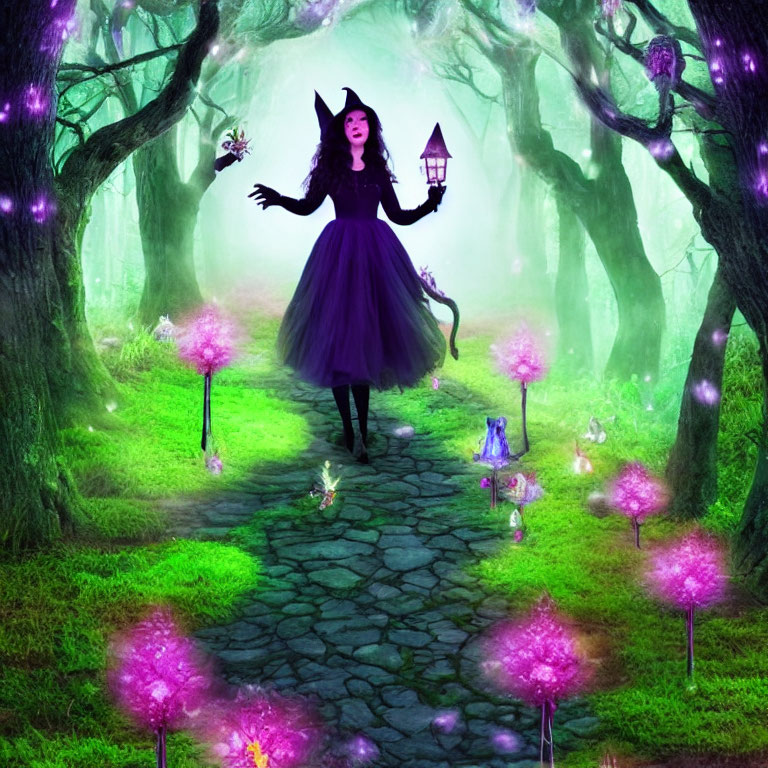 Person in witch costume on cobblestone path in fantastical forest with purple flowers.