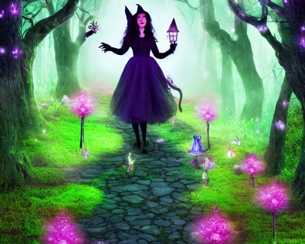Person in witch costume on cobblestone path in fantastical forest with purple flowers.