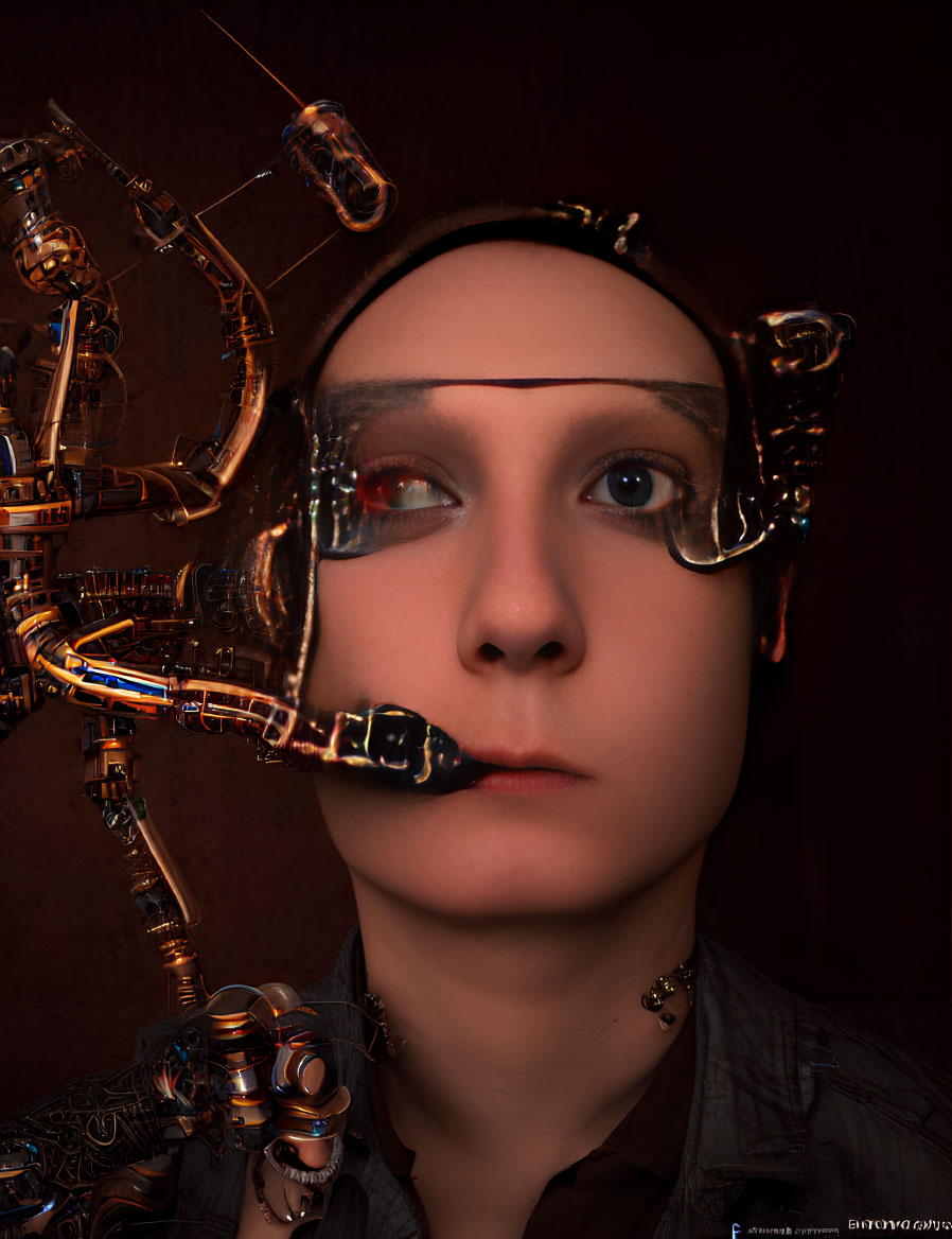 Cybernetic Arm and Eye Enhancements in Futuristic Sci-Fi Style