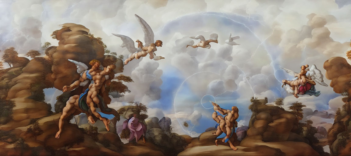 Classical painting of angels with trumpets and warriors in battle landscape