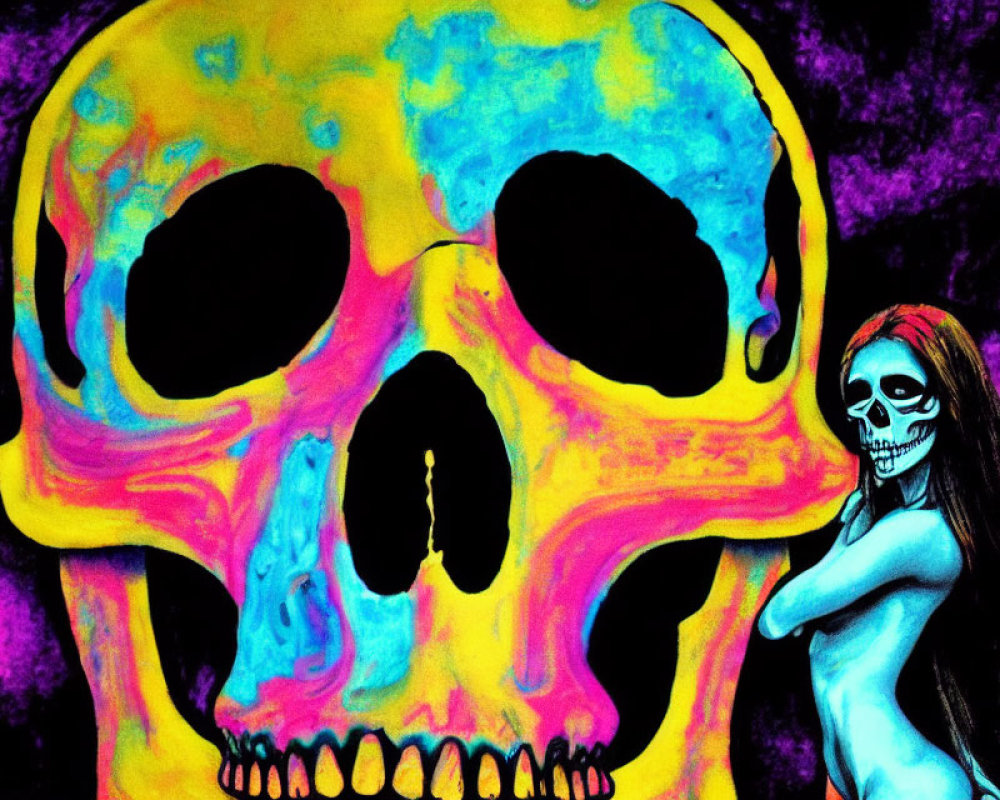 Skull Face Paint Person Leans on Vibrant Psychedelic Illustration