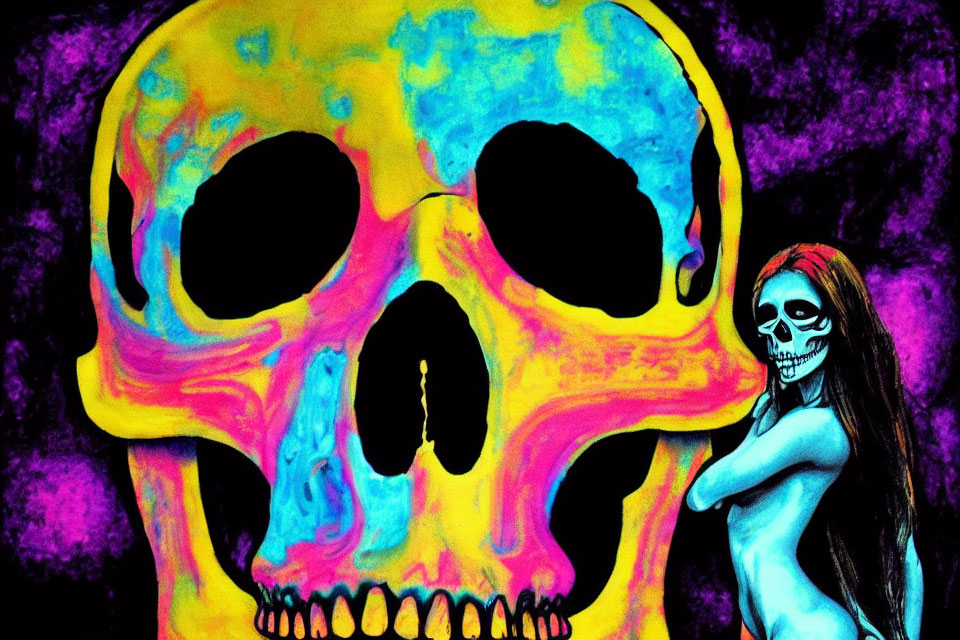 Skull Face Paint Person Leans on Vibrant Psychedelic Illustration