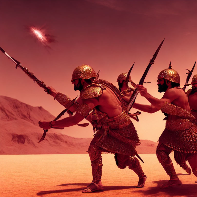 Ancient warriors in armor march through desert under reddish sky