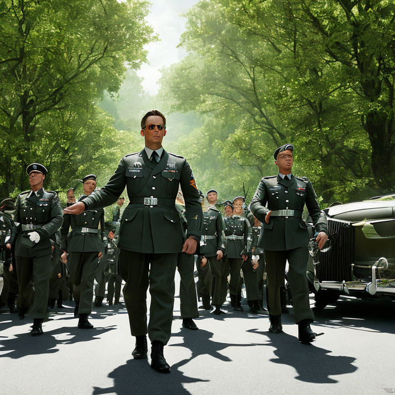 Vintage car and military personnel marching on tree-lined road