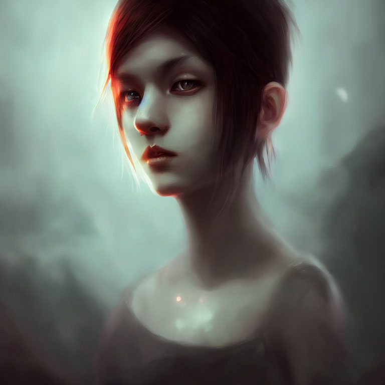 Digital artwork: Short-haired person with intense gaze in muted tones & ethereal background