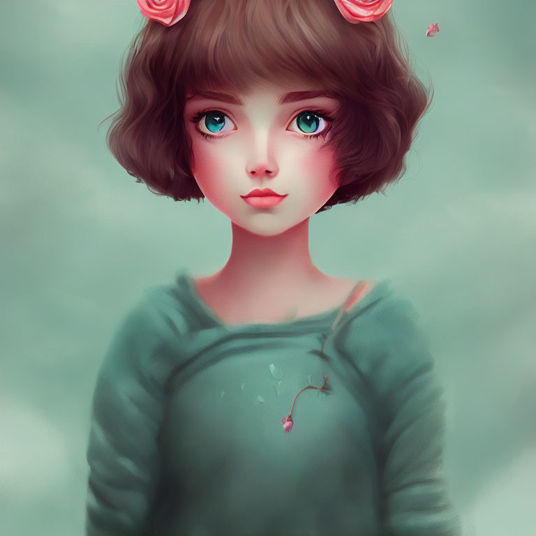 Girl with Teal Eyes and Flower Hair Illustration in Green Top