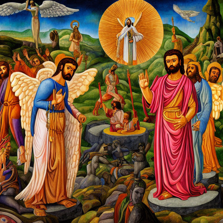 Vibrant religious painting with angels, central figure, onlookers, detailed landscape