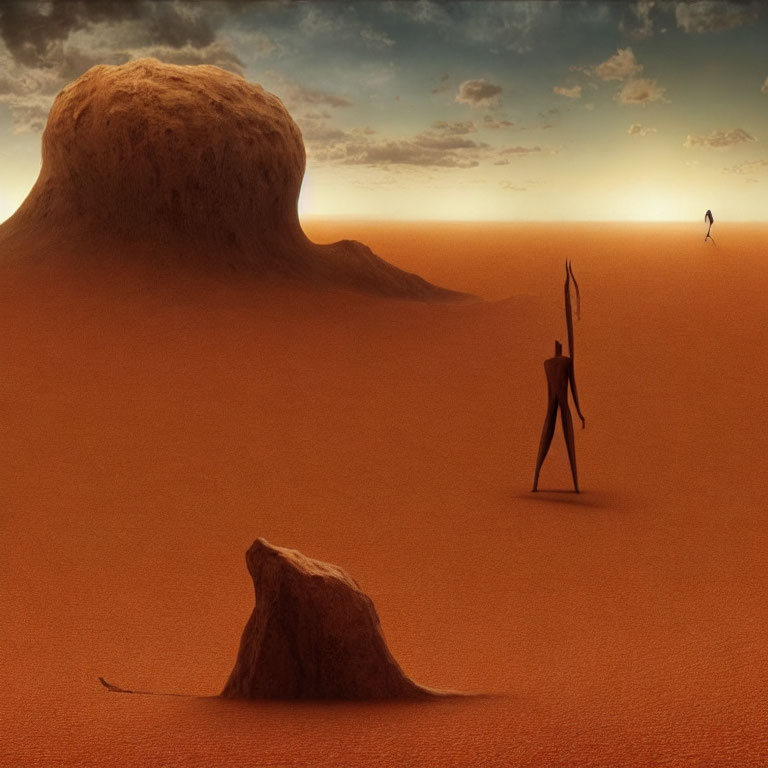 Abstract desert landscape with surreal figures under twilight sky