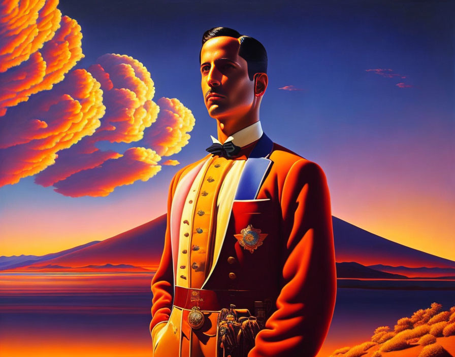 Stoic figure in red and blue uniform with medals against serene sea and mountain landscape