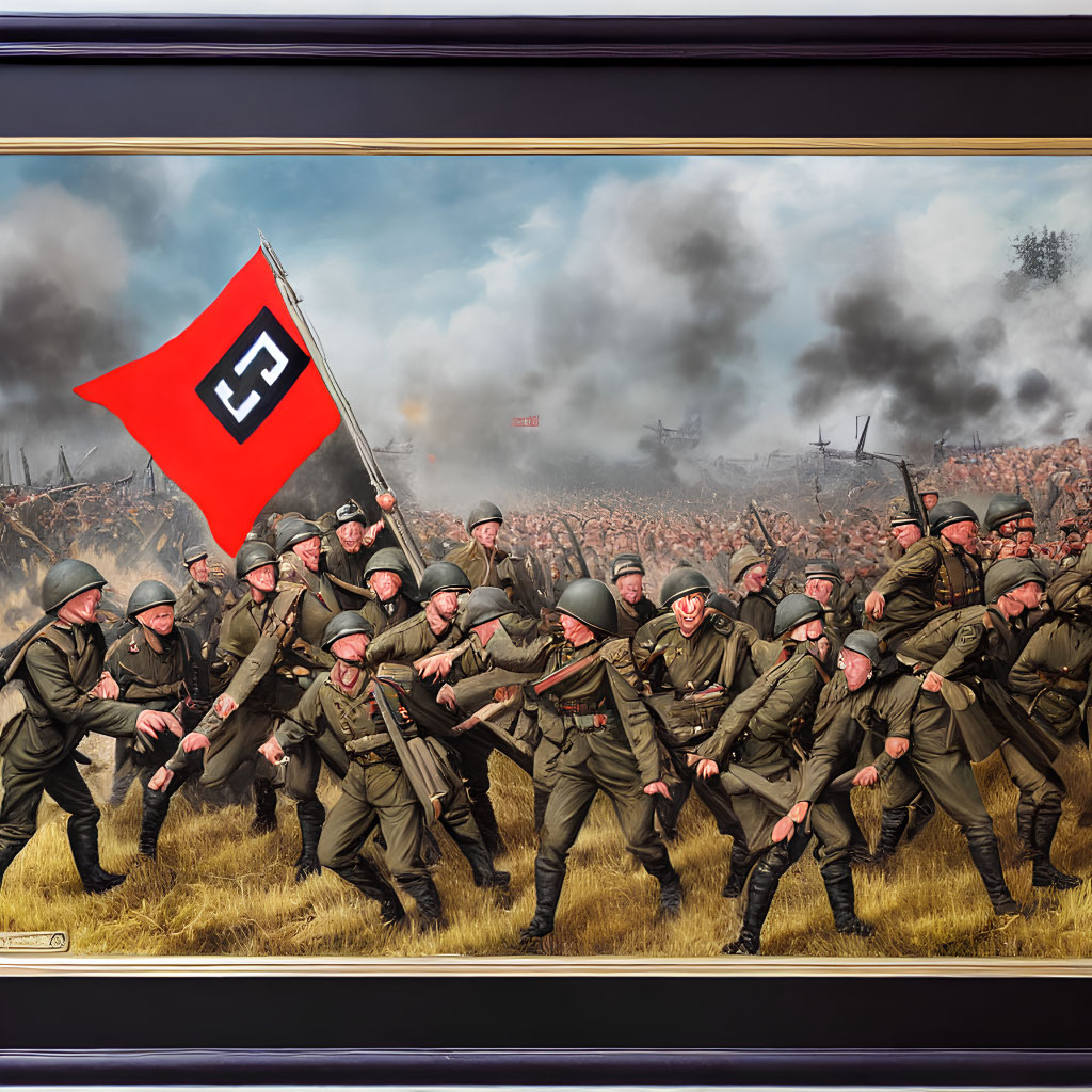 World War II soldiers marching under a red flag with a swastika in a painting