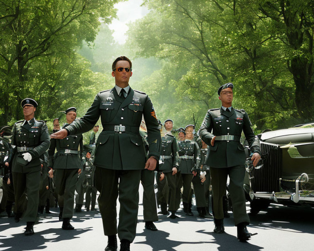 Vintage car and military personnel marching on tree-lined road