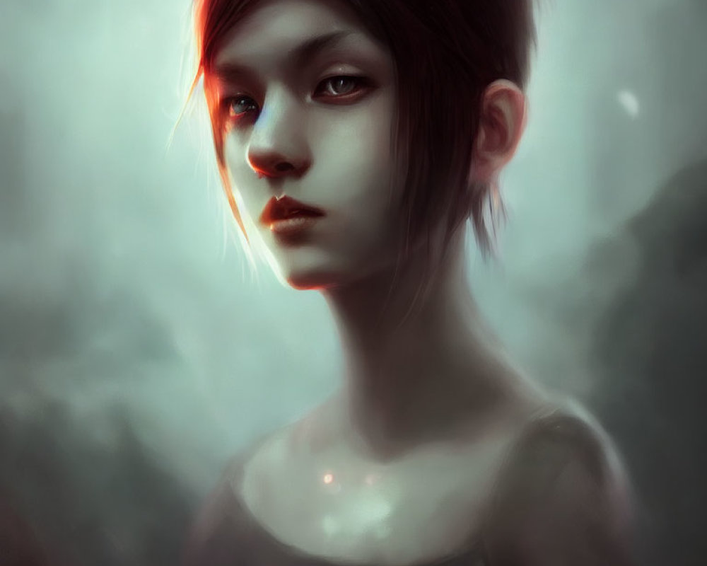 Digital artwork: Short-haired person with intense gaze in muted tones & ethereal background