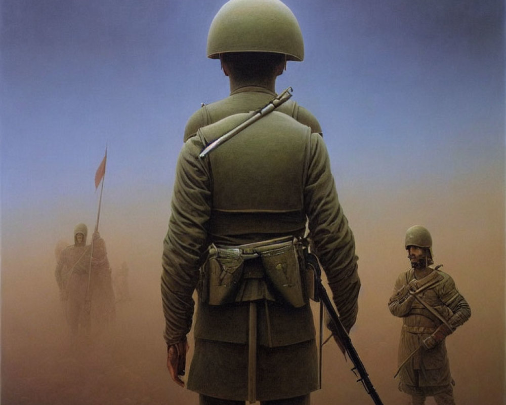 Vintage Military Uniforms: Three Soldiers in Foggy Landscape