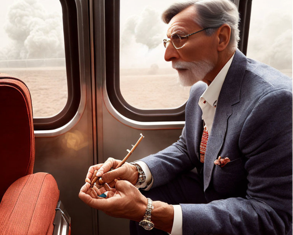 Elderly man in blue suit gazes at smoldering matchstick on train.