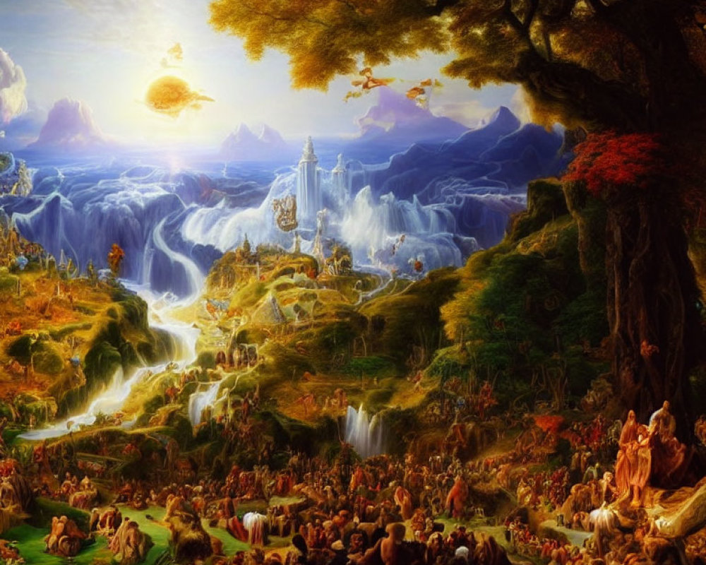 Vibrant waterfall in fantastical landscape with diverse creatures