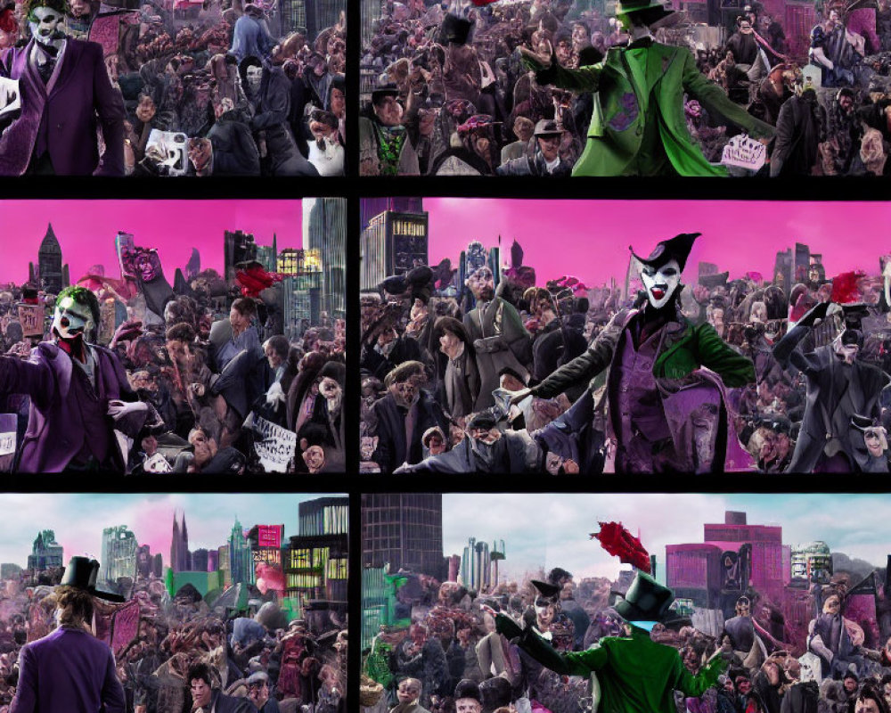 Collage of Joker-themed chaotic scenes with crowds, figure, and cityscape