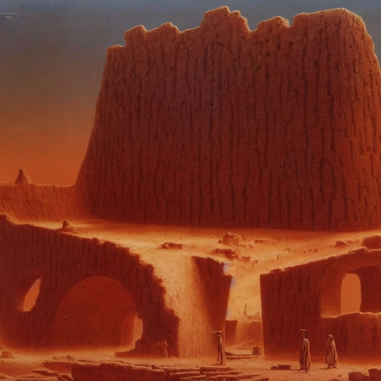 Majestic desert ruins with towering walls and figures walking.