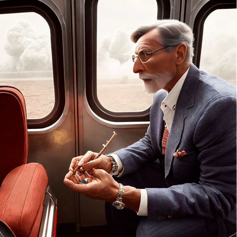 Elderly man in blue suit gazes at smoldering matchstick on train.