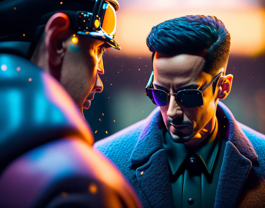 Stylish men in cap and glasses facing each other with vivid bokeh background