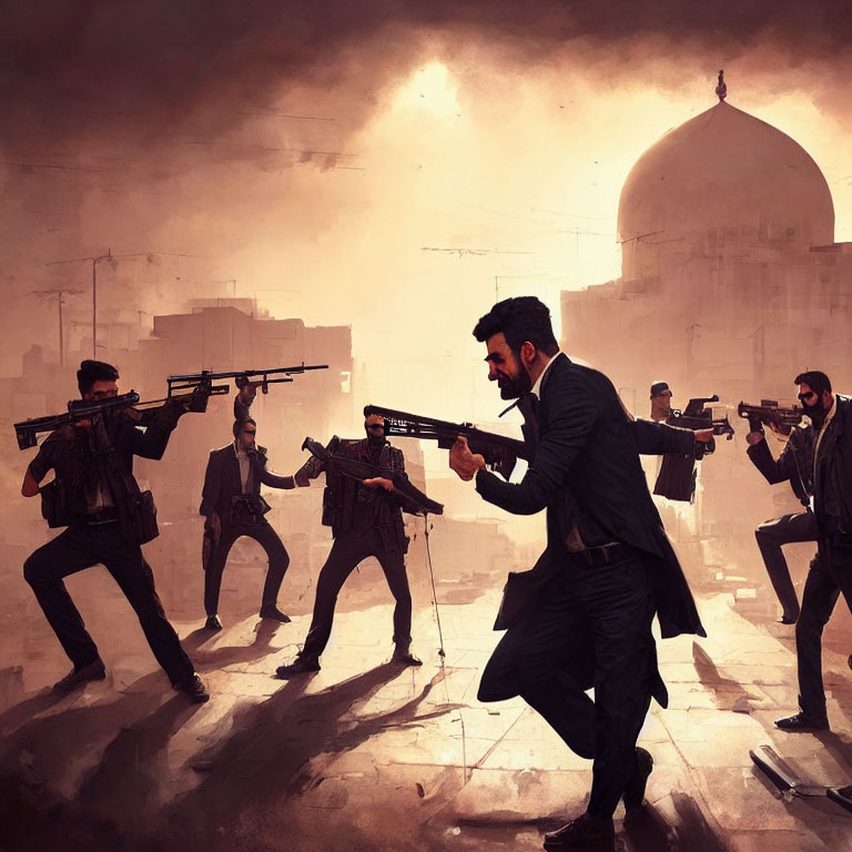 Men in suits in stylized shootout in dusty, sepia-toned scene.