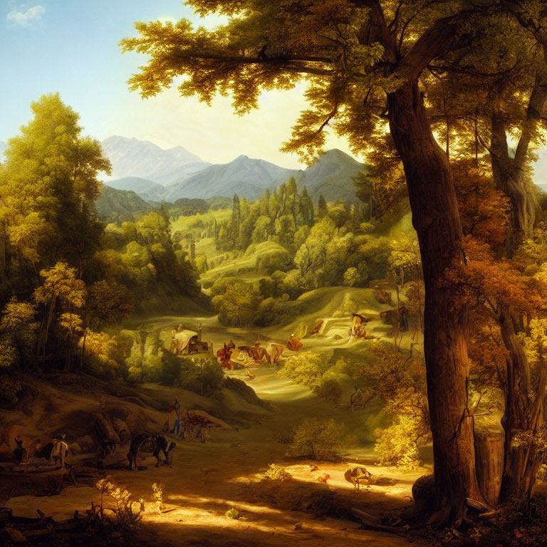 Tranquil landscape painting of lush forest with stream and mountains