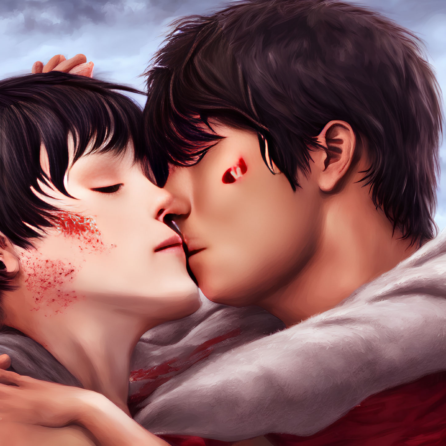 Anime-style characters in intimate moment with blood-stained face and cheek mark