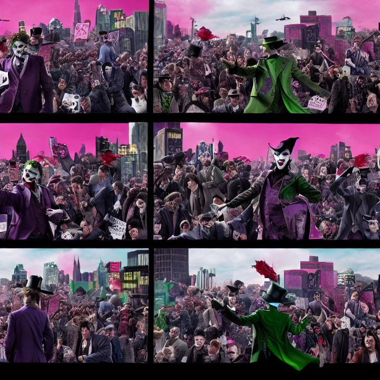 Collage of Joker-themed chaotic scenes with crowds, figure, and cityscape