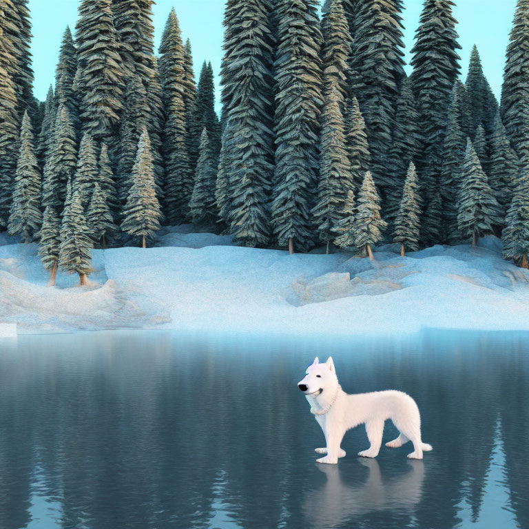 White Dog on Frozen Lake with Snow-Covered Pine Trees