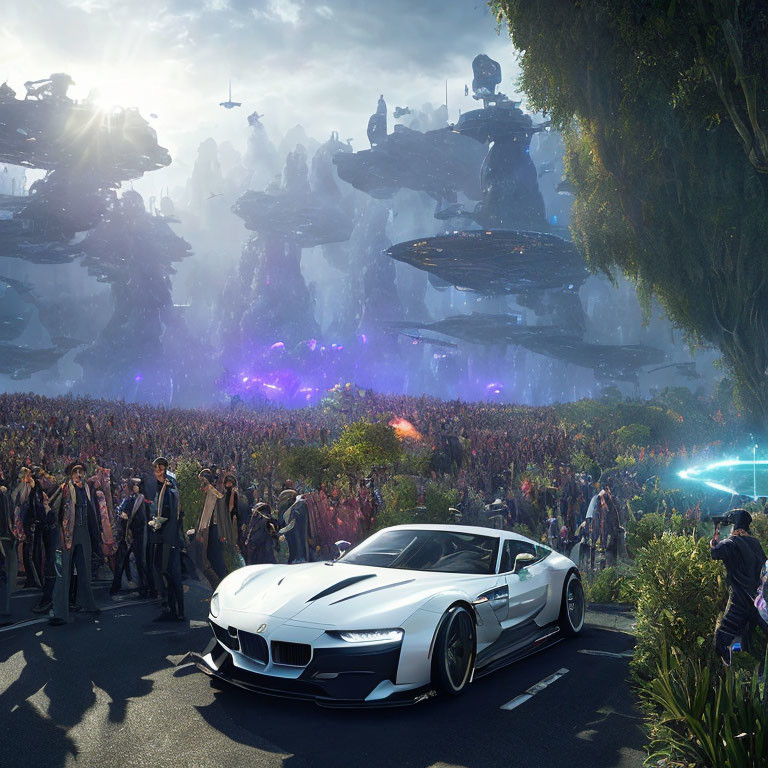 Futuristic white sports car on road with crowd and floating islands in advanced landscape