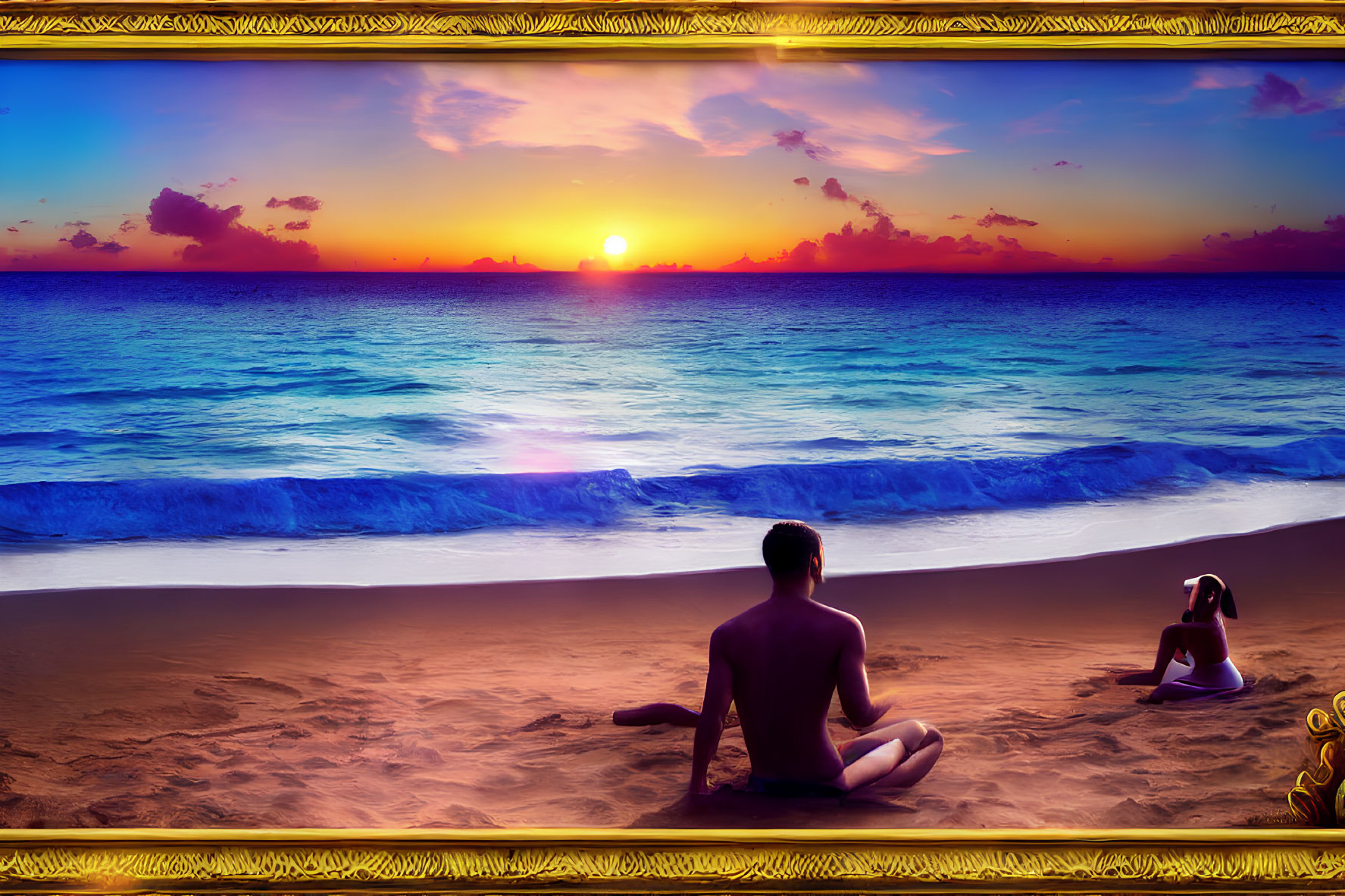 Person on Beach at Sunset Watching Sun Meeting Sea