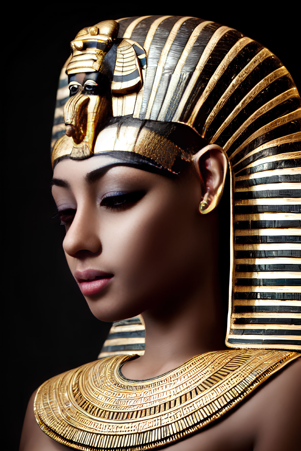 Person with Ancient Egyptian Pharaoh Headdress in Gold and Black Stripes