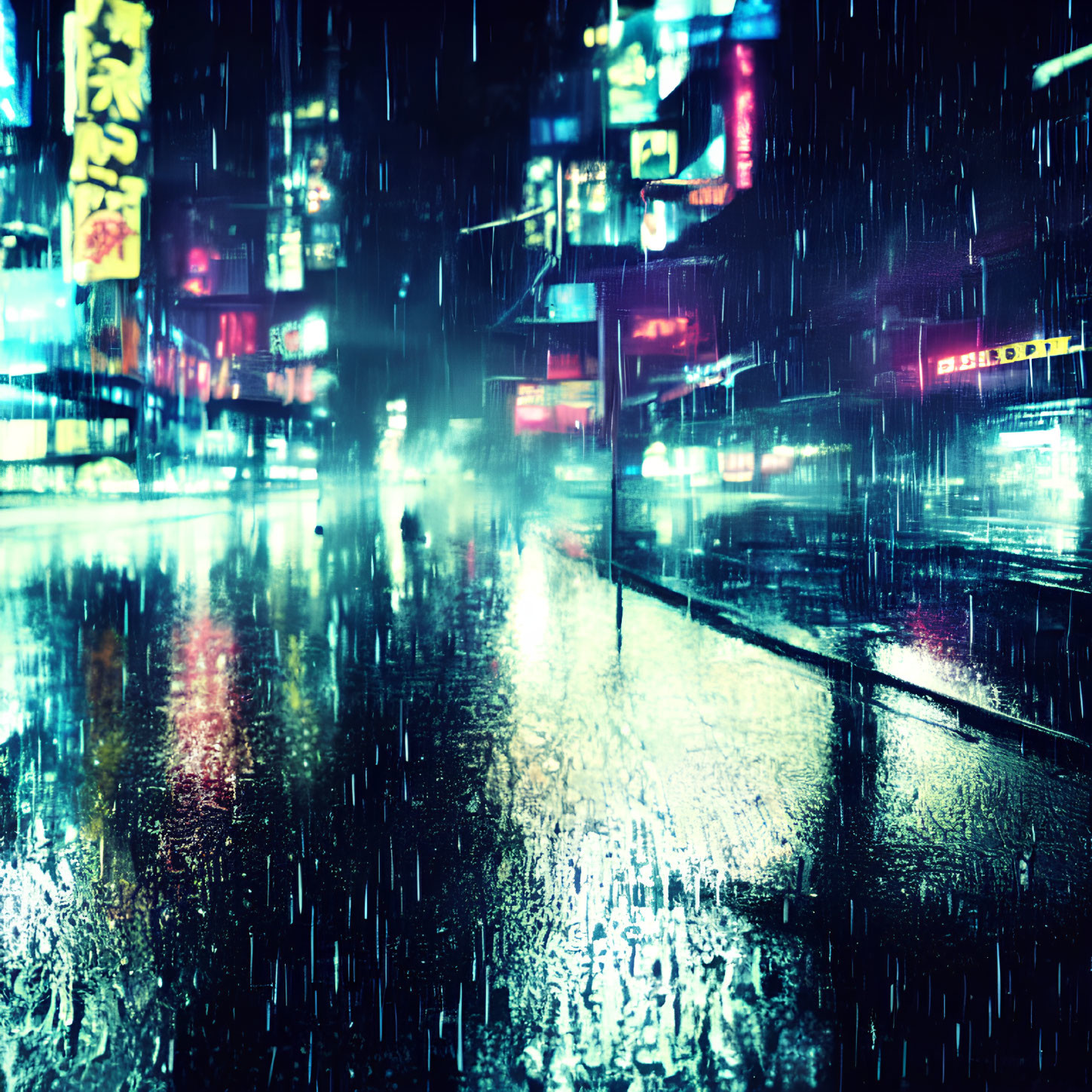 Rain-soaked street at night reflecting neon lights in vibrant urban scene.