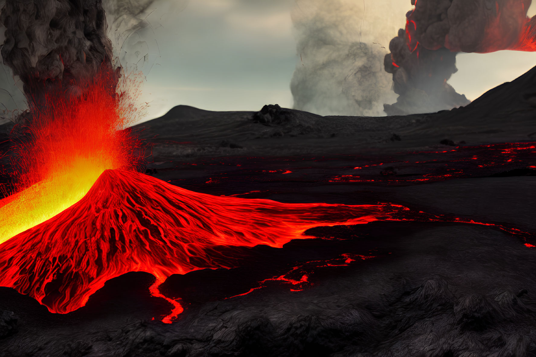 Volcanic eruption with flowing lava and ash plumes in dark landscape